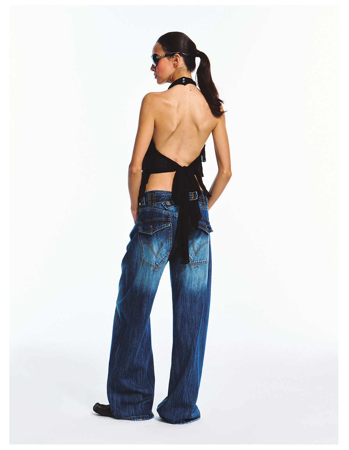 Double Crepe Lace Sleeveless Backless Halter Neck Top