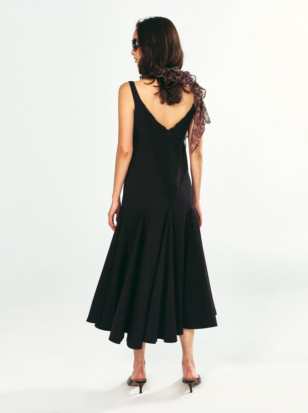 Square-Neck Fitted Bodice Midi Dress with Gathered Flare Skirt