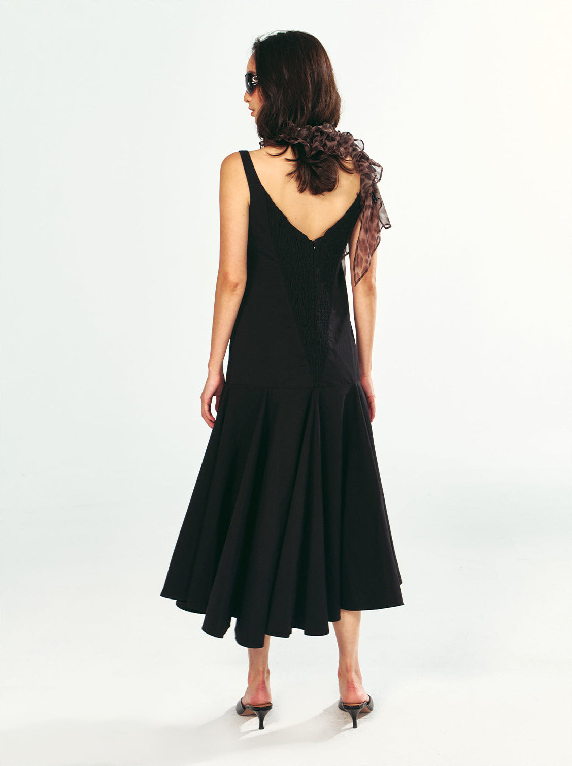 Square-Neck Fitted Bodice Midi Dress with Gathered Flare Skirt