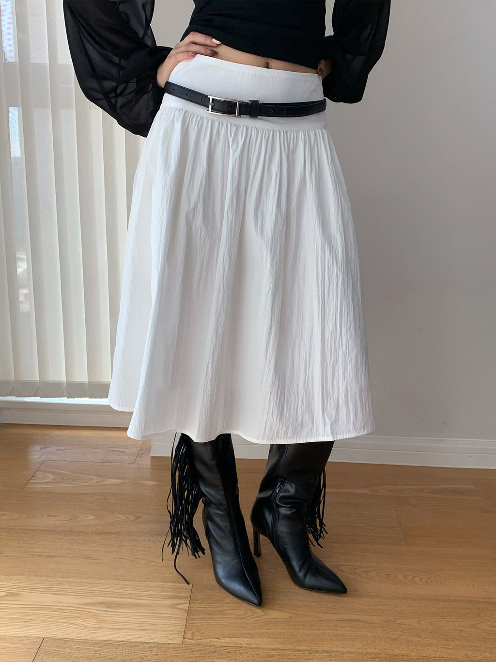 Pleated Textured High-waisted A-line Midi Skirt