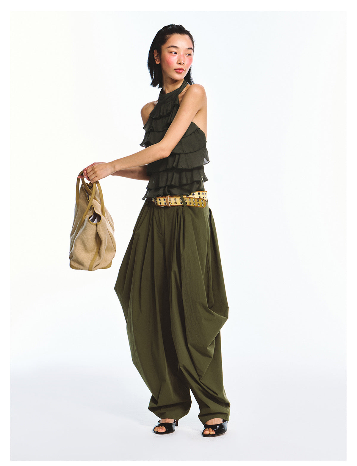 Double Crepe Lace Sleeveless Backless Halter Neck Top