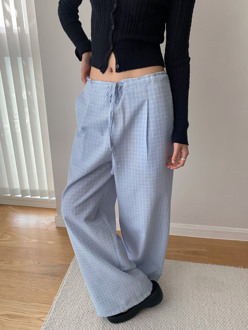 Drawstring Plaid Wide-leg Low-rise Pants