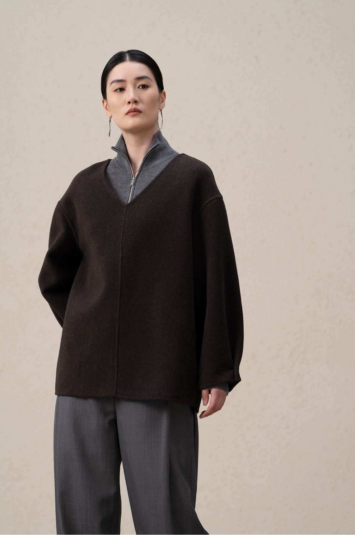 Merino Wool & Cashmere Double-Sided V-neck Coat