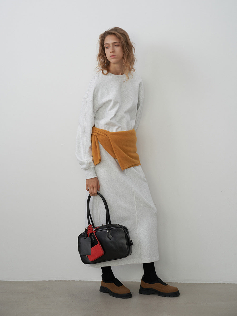 Pure Cotton Elastic Waist Slit Casual Midi Skirt