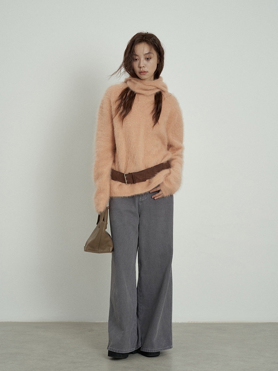 Fuzzy Long Sleeve Crewneck Pullover Sweater