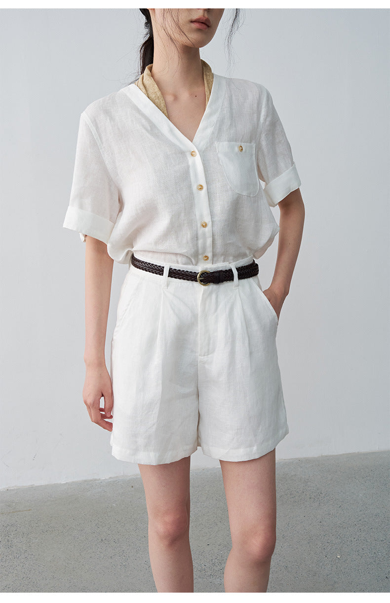Linen Pleated Straight Casual A-Line Shorts