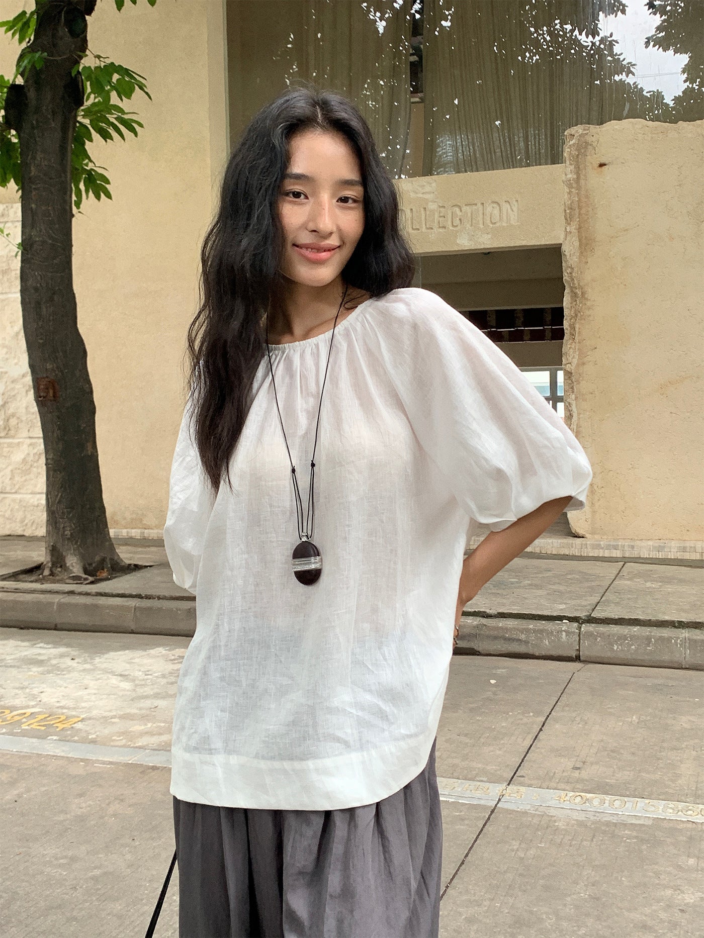 Round Neck Long-sleeve Hollow-out Embroidered Breathable Linen Shirt