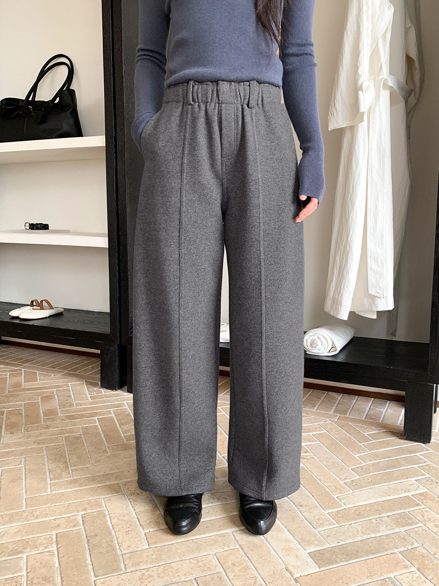 High-Waist Elastic Waist Thick Straight Leg Tailored Pants