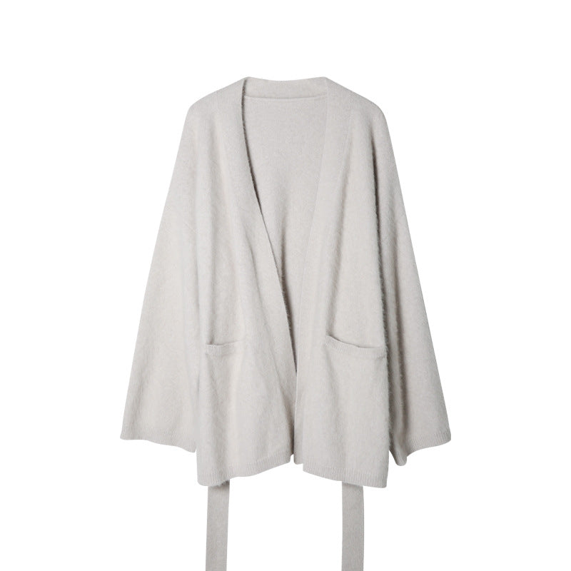 Light gray Soft Fleece Mid-Thigh Long Cardigan Sweater Robe on a white background