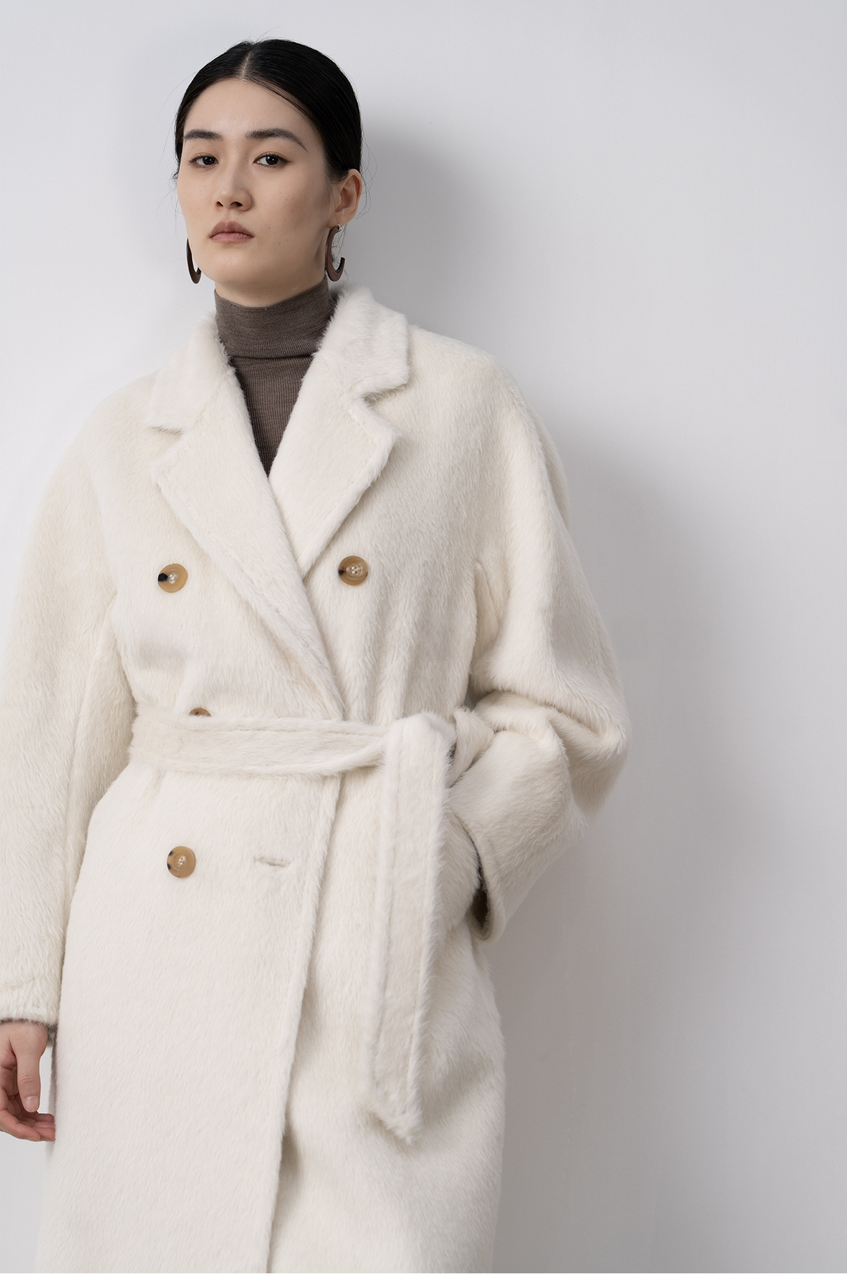 Merino Wool Fluffy Belted Long Coat