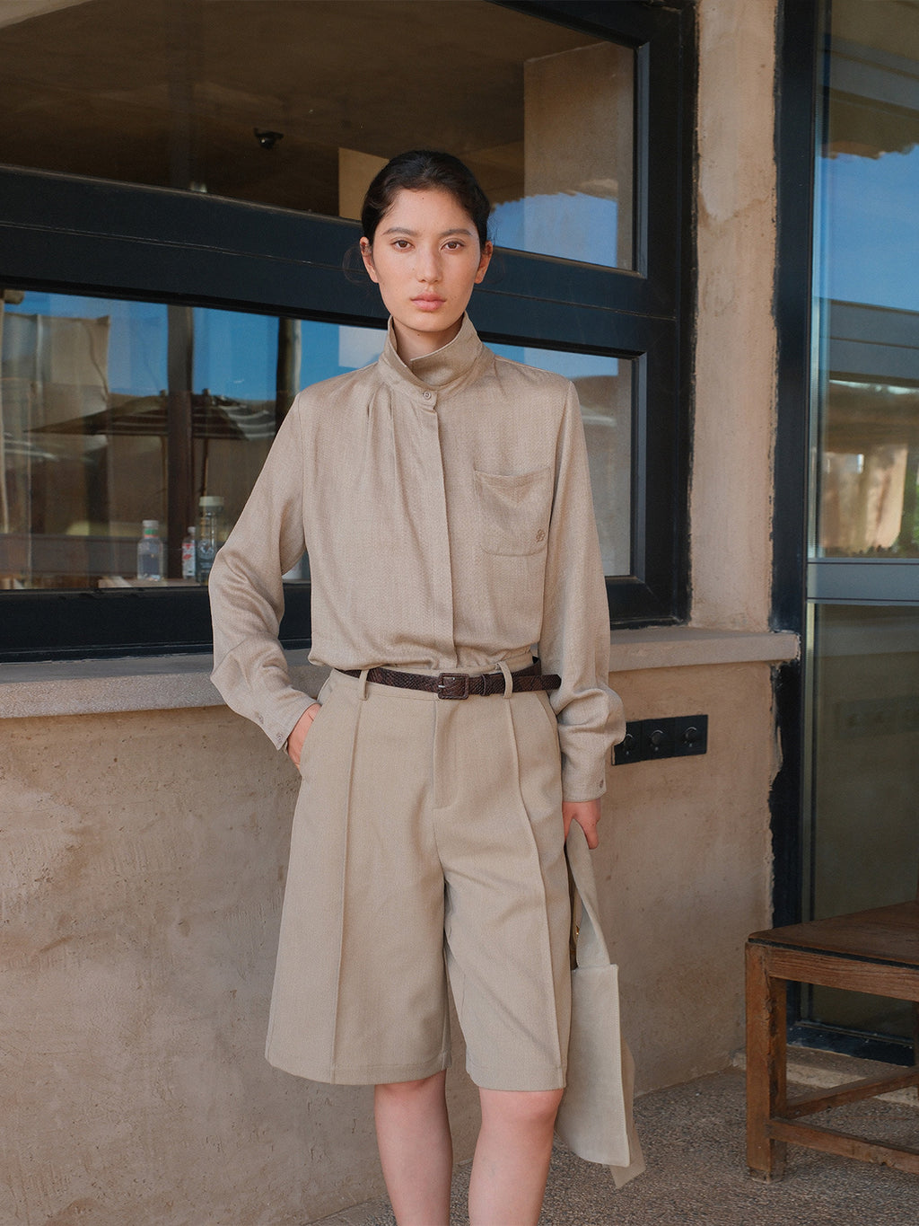 High-Waist Pleated Straight-Leg Blazer Shorts with Belt