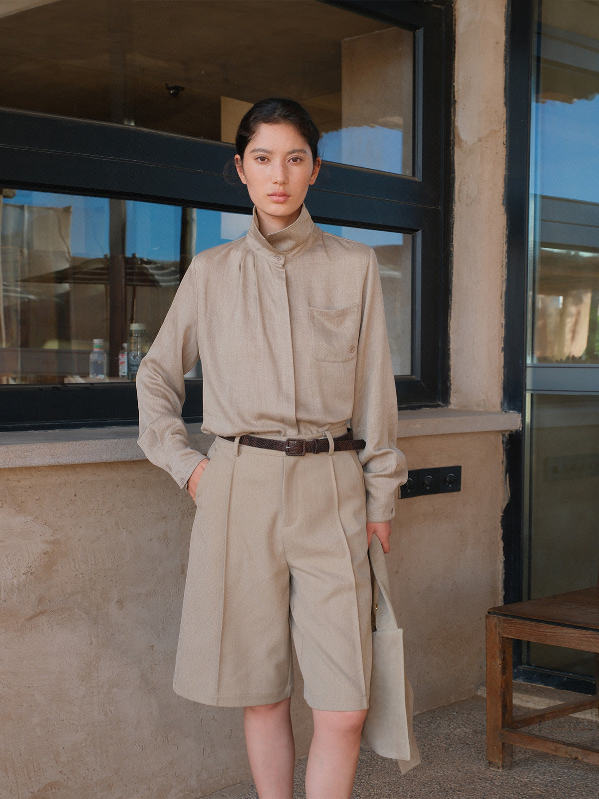 High-Waist Pleated Straight-Leg Blazer Shorts with Belt