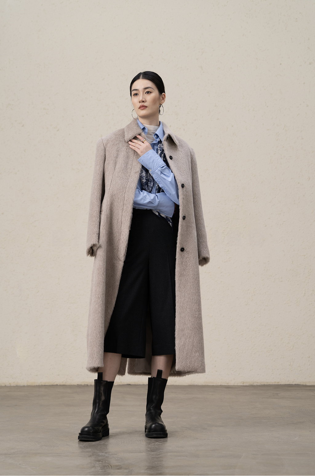 Suri Alpaca & Merino Wool Buttoned Shearling Long Coat
