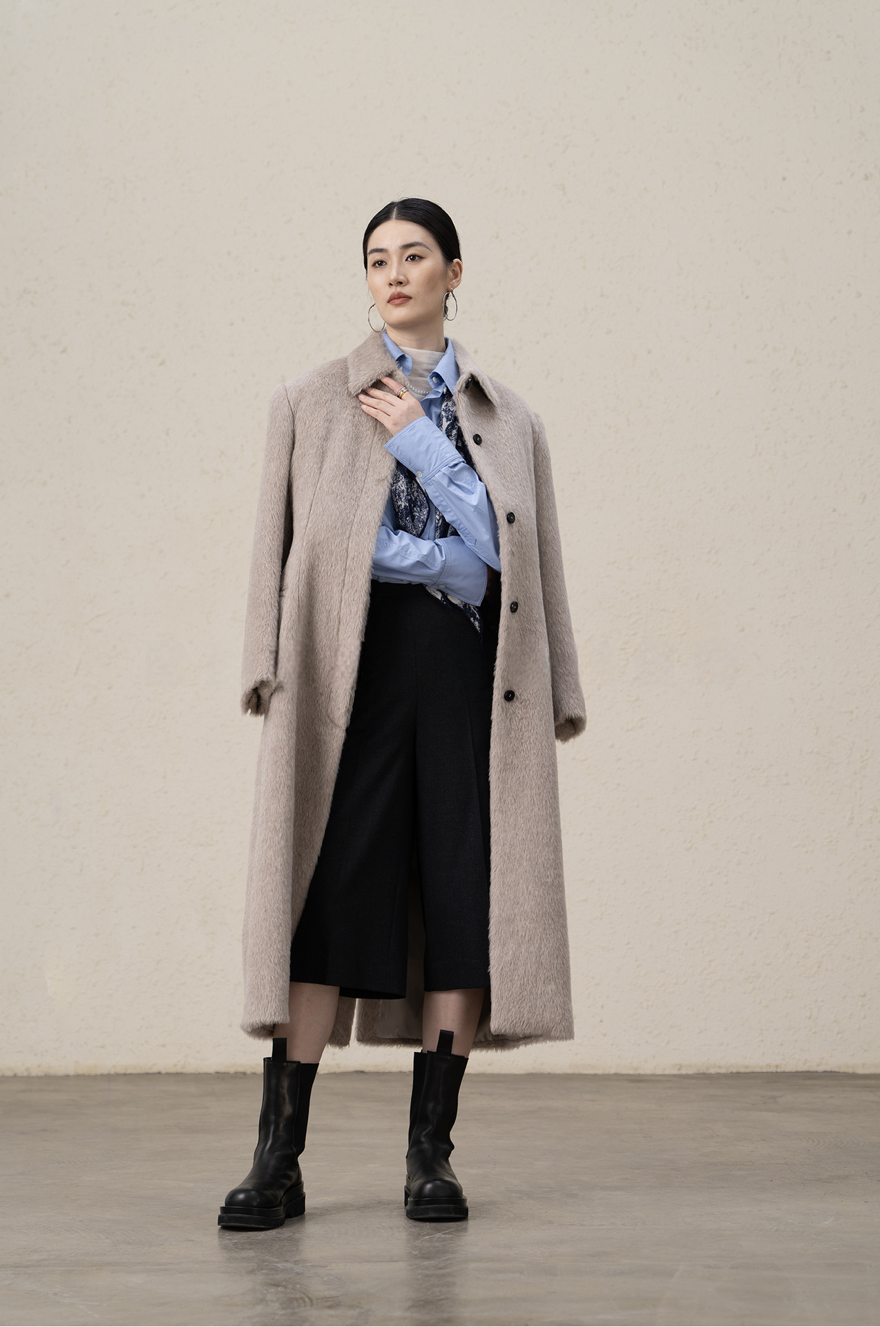 Suri Alpaca & Merino Wool Buttoned Shearling Long Coat