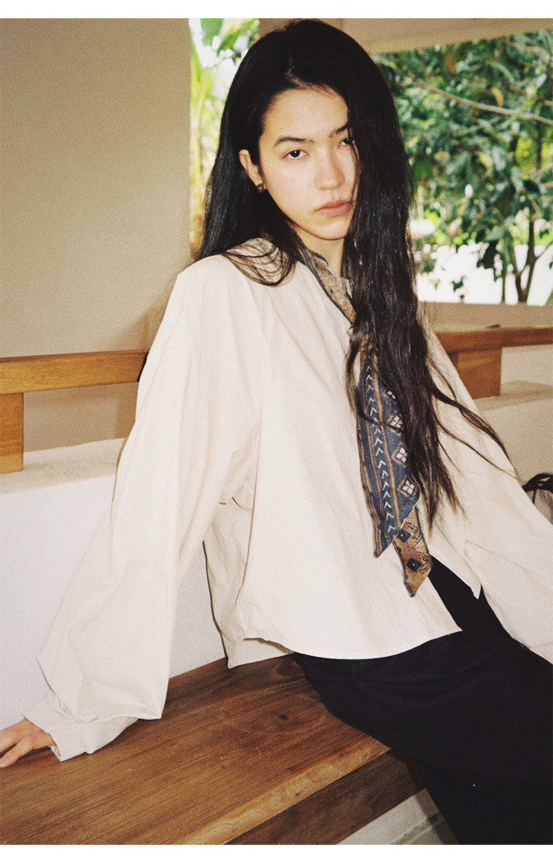 Crew Neck Long-Sleeve Elegant Tie Shirt