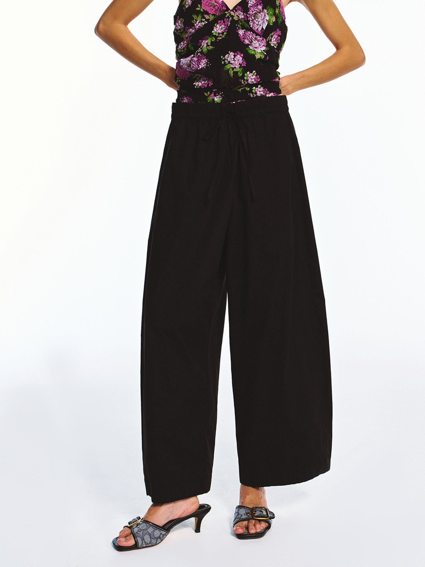 Cotton Drawstring Elastic Waist Baggy Wide-Leg Pants