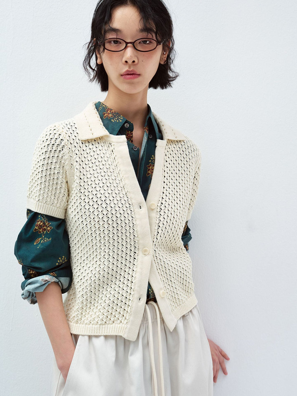 Textured Cotton Short-sleeve Coarse Knit Cardigan Sweater