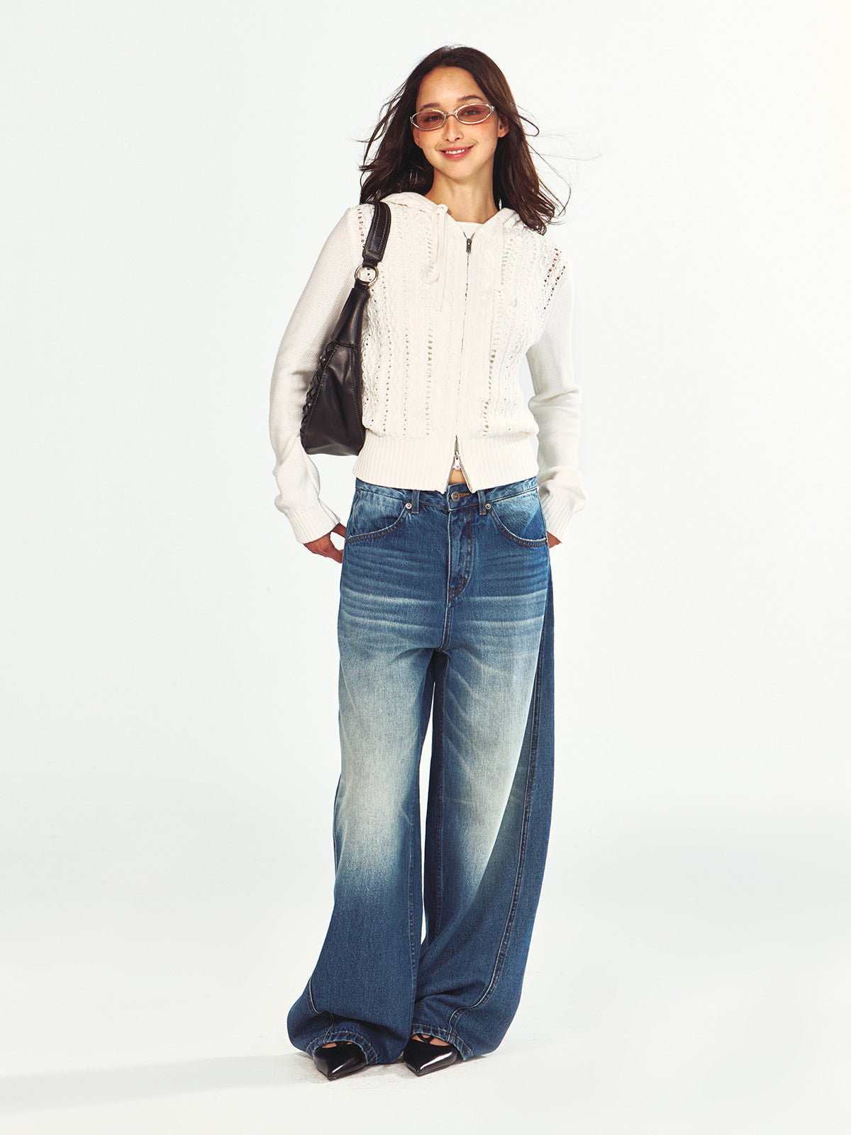 Openwork Cable-Knit Zip-Up Hooded Cardigan