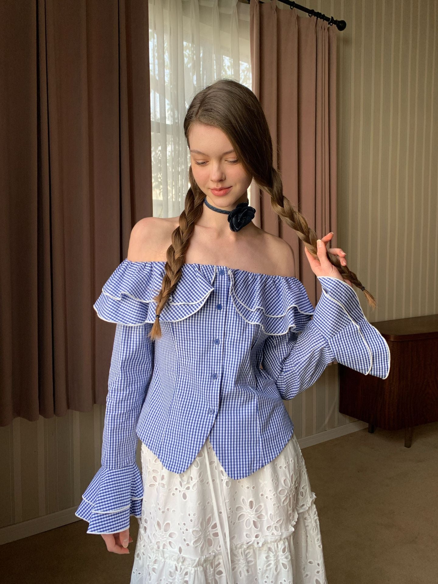 Off-Shoulder Gingham Ruffle Blouse