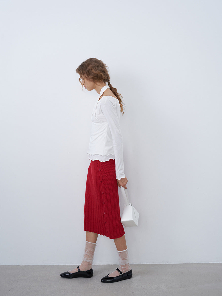Ribbed Knit Midi Buttoned-Side Slim Skirt