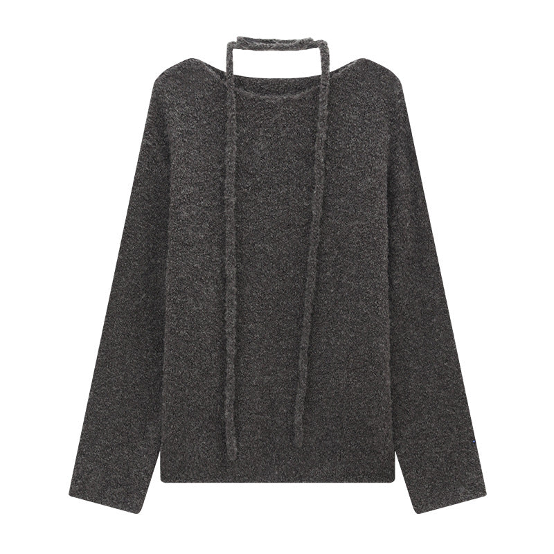 Textured Drawstring Mohair Wool Neck Knit Long-Sleeve Top