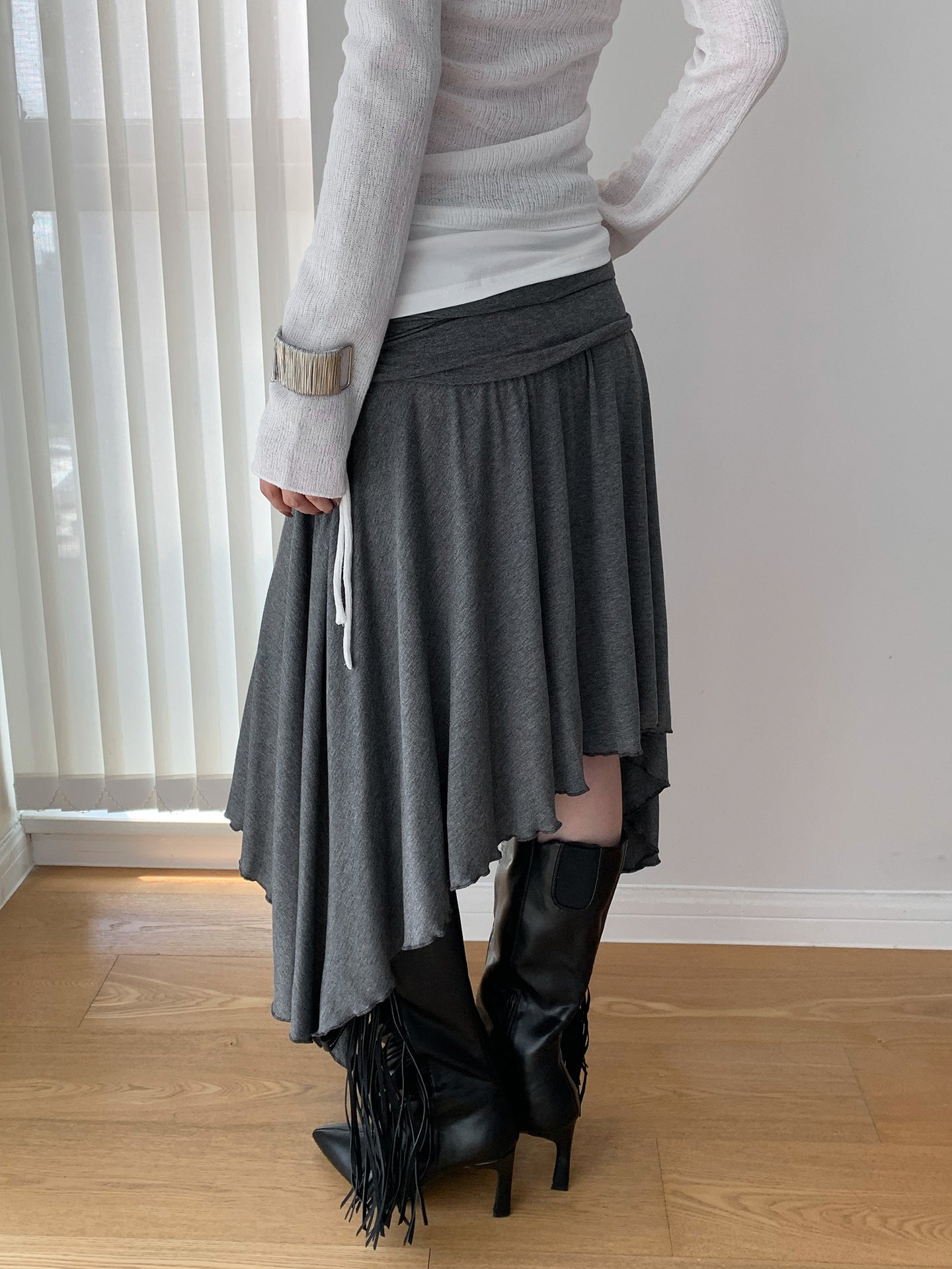 High-waisted Pleated Irregular Hem Midi Skirt