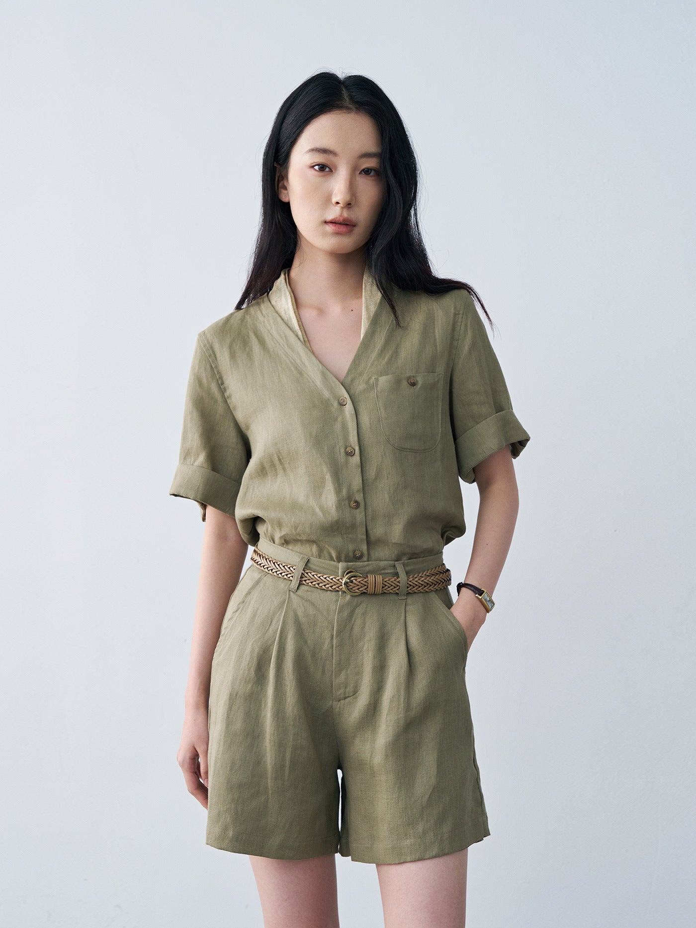 Linen Pleated Straight Casual A-Line Shorts