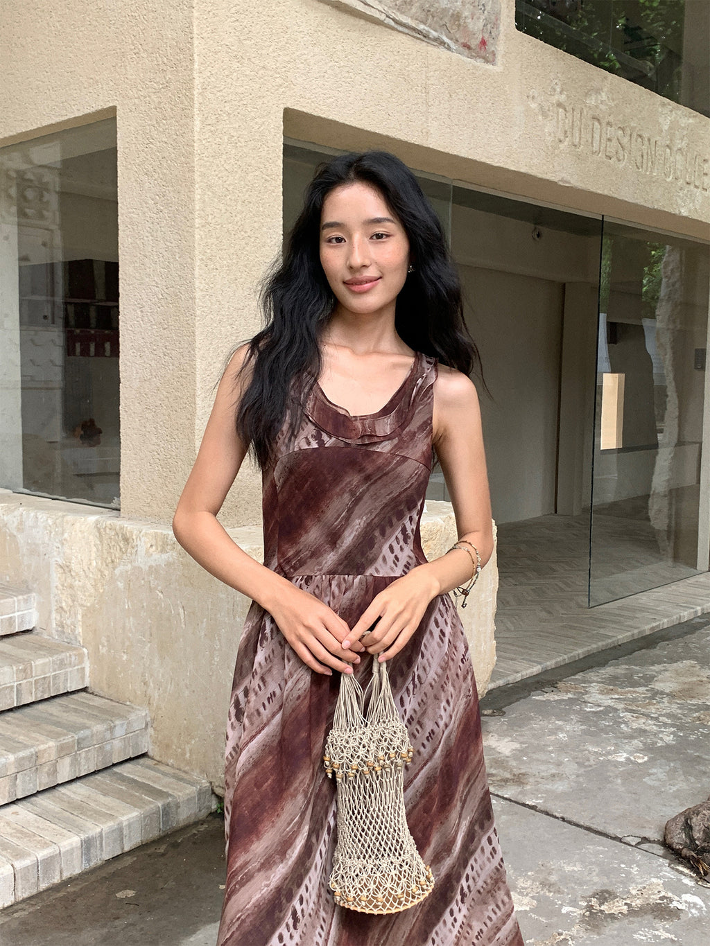 Leaf U-Neck Spaghetti Strap Backless Tie-Up Long Dress