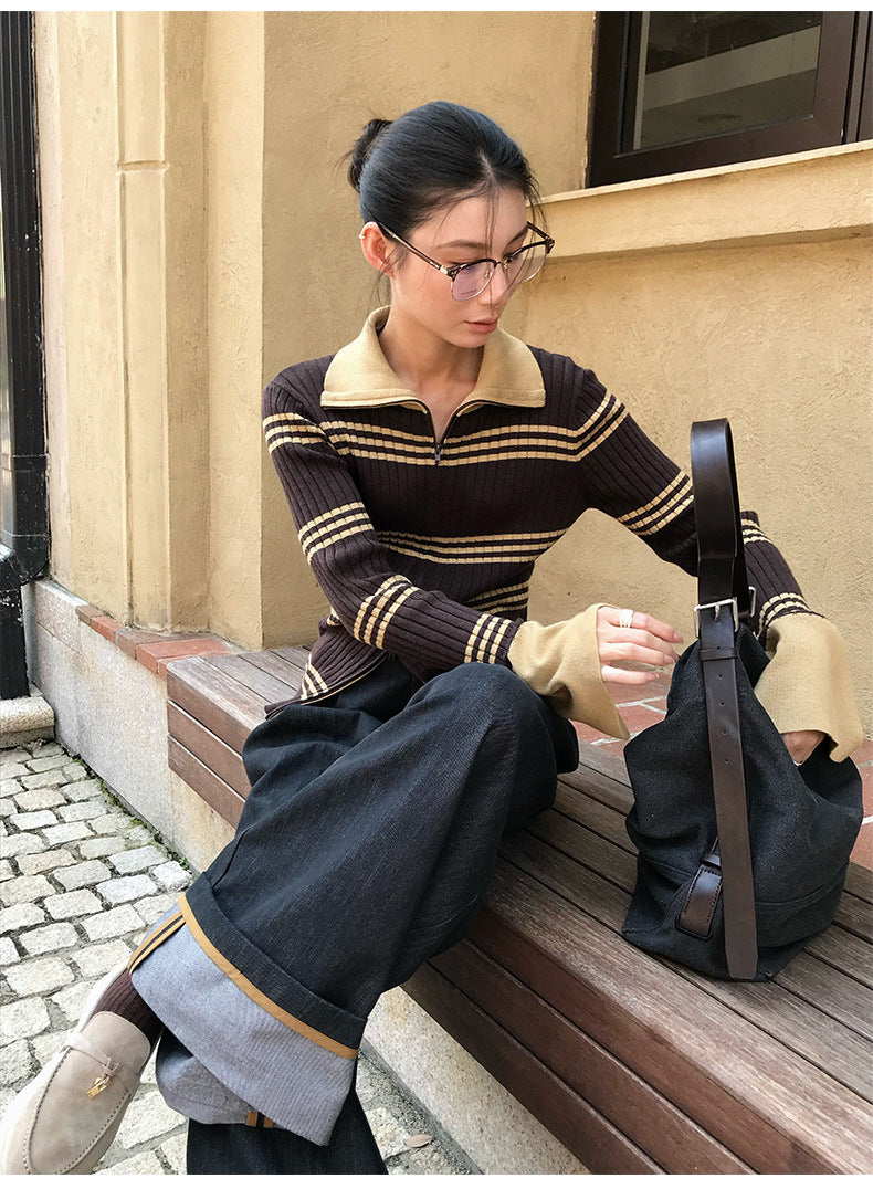Flared Sleeves Slim Striped Zip-Up Knitted Sweater Cardigan Top