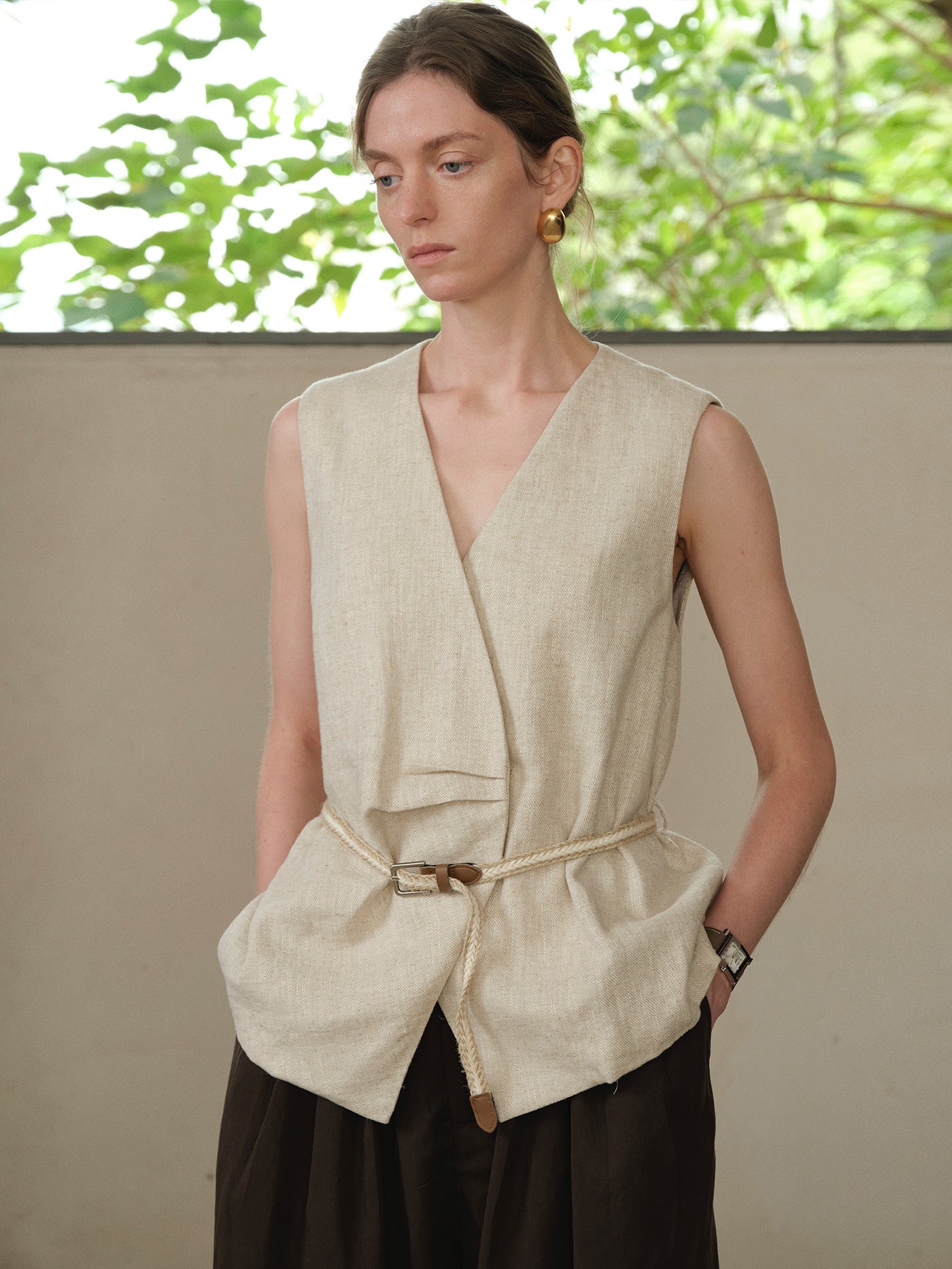 Textured Linen Blend Cross Sleeveless Vest with Belt