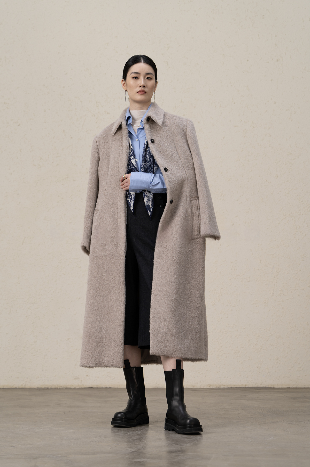 Suri Alpaca & Merino Wool Buttoned Shearling Long Coat