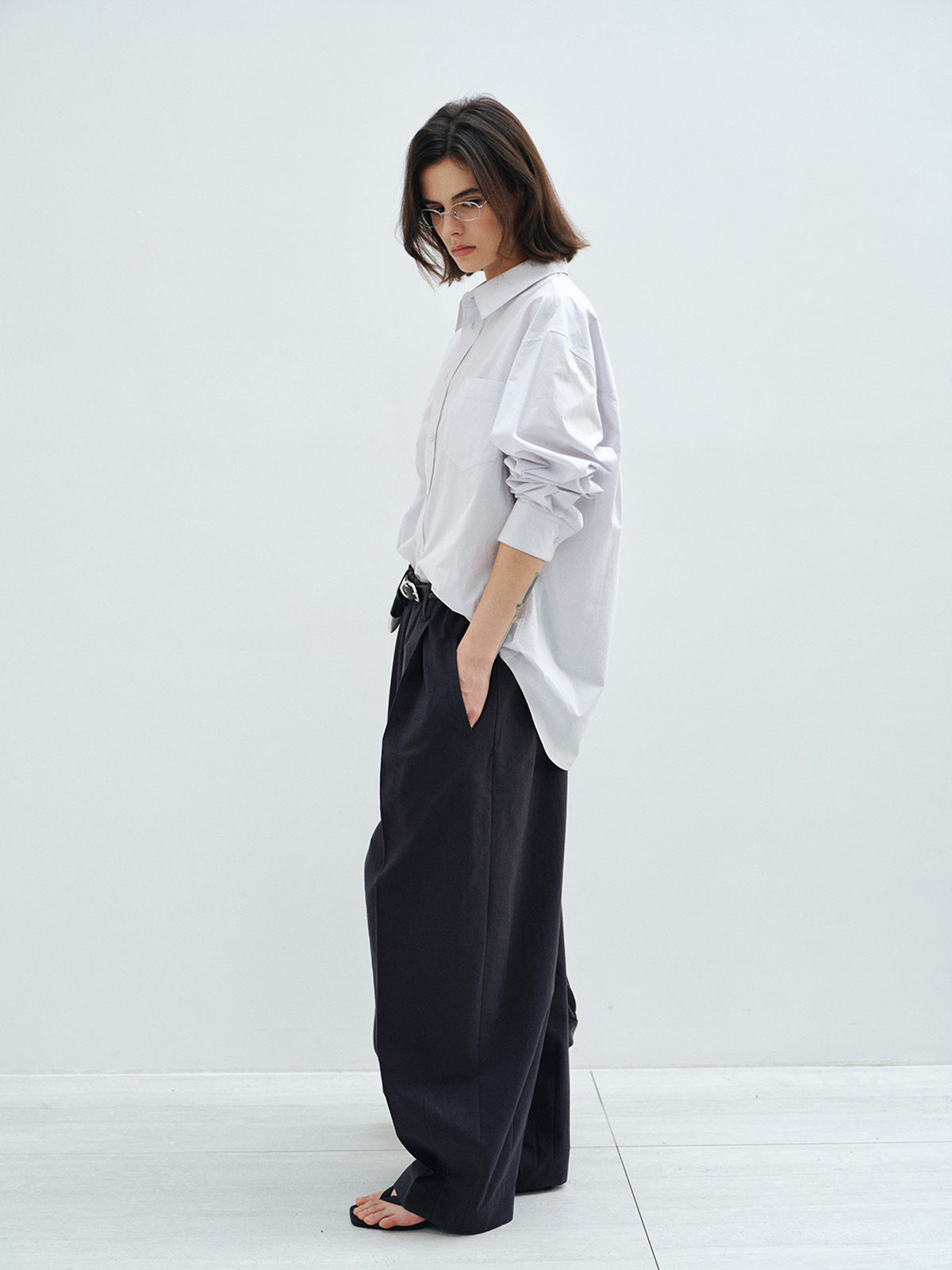 Wool Cotton Elastic Waist Straight Leg Baggy Pants
