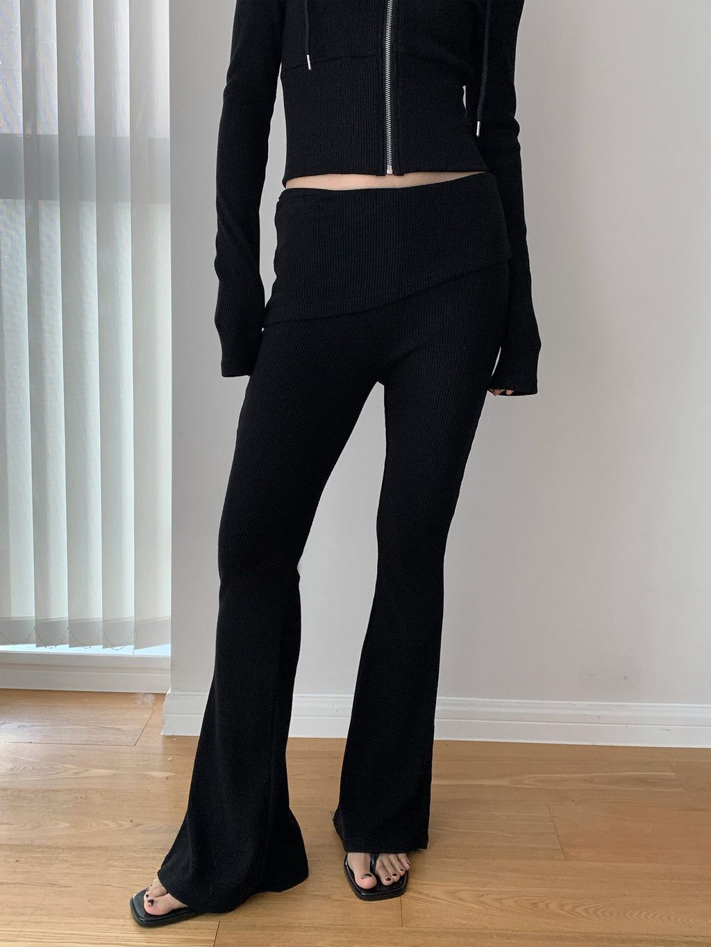 Ribbed Foldover Waist Flare Pants
