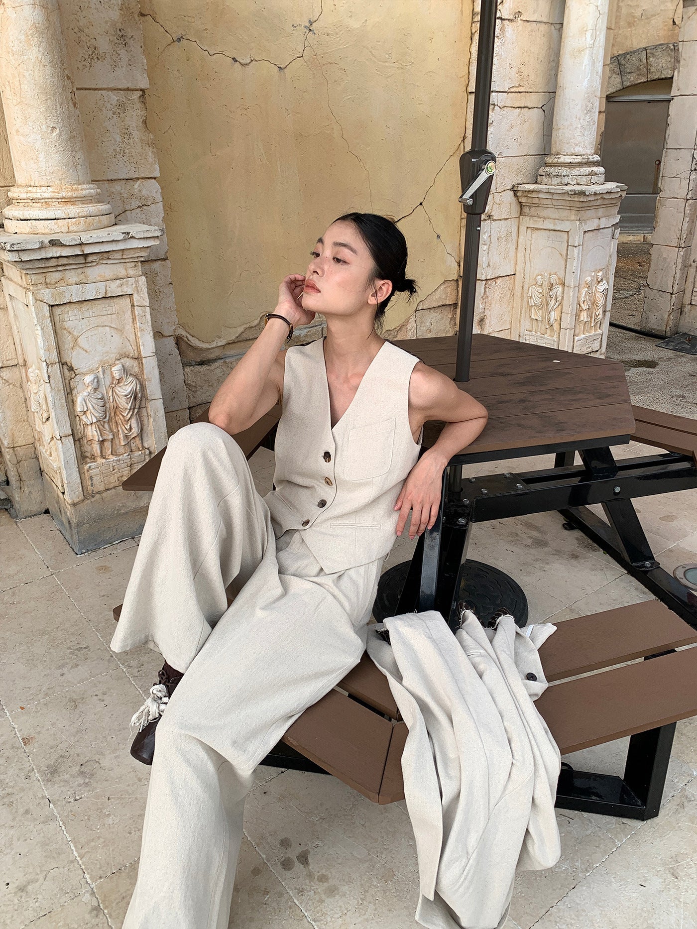 V-Neck Linen Patchwork Suit Vest
