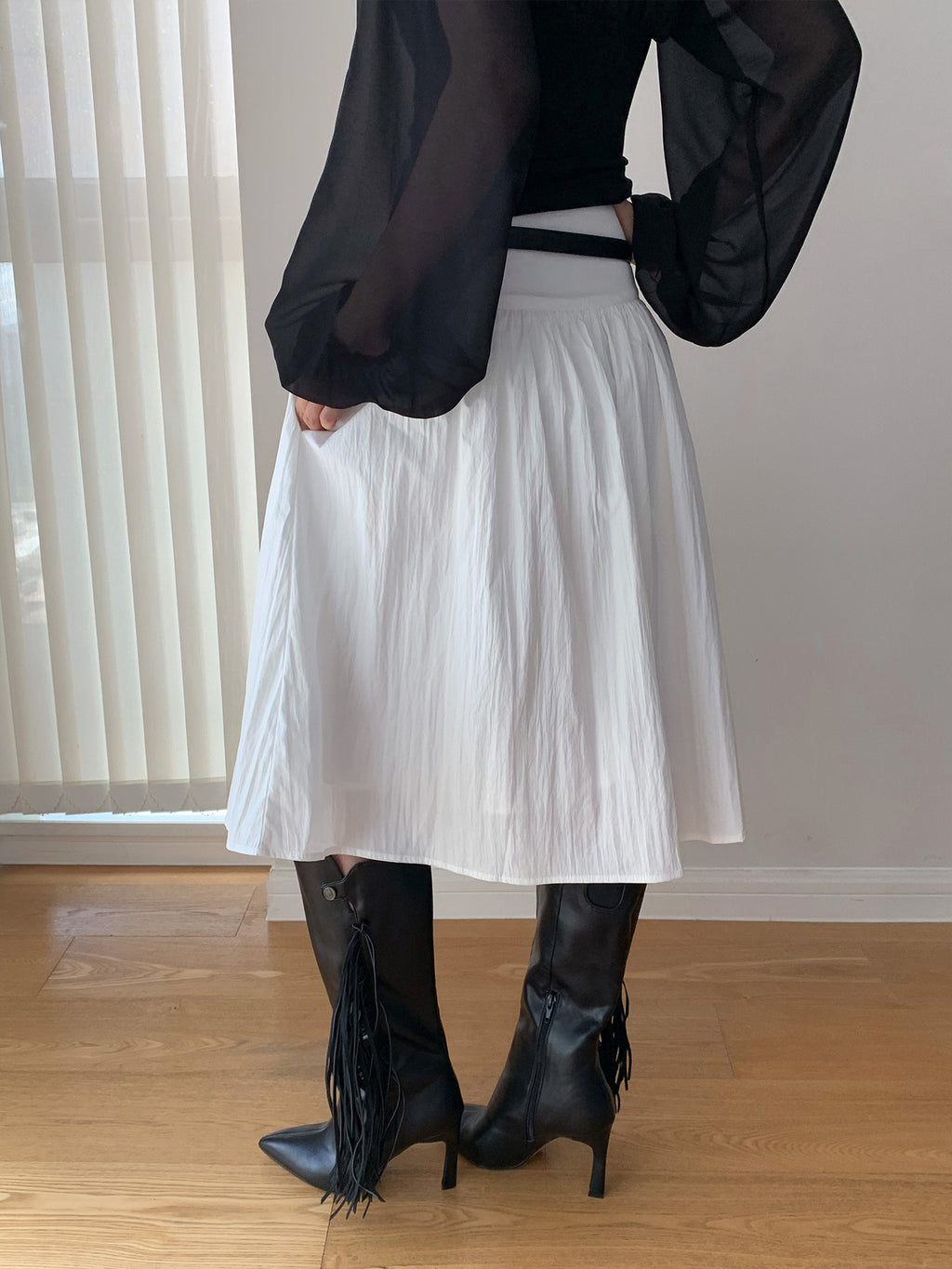 Pleated Textured High-waisted A-line Midi Skirt