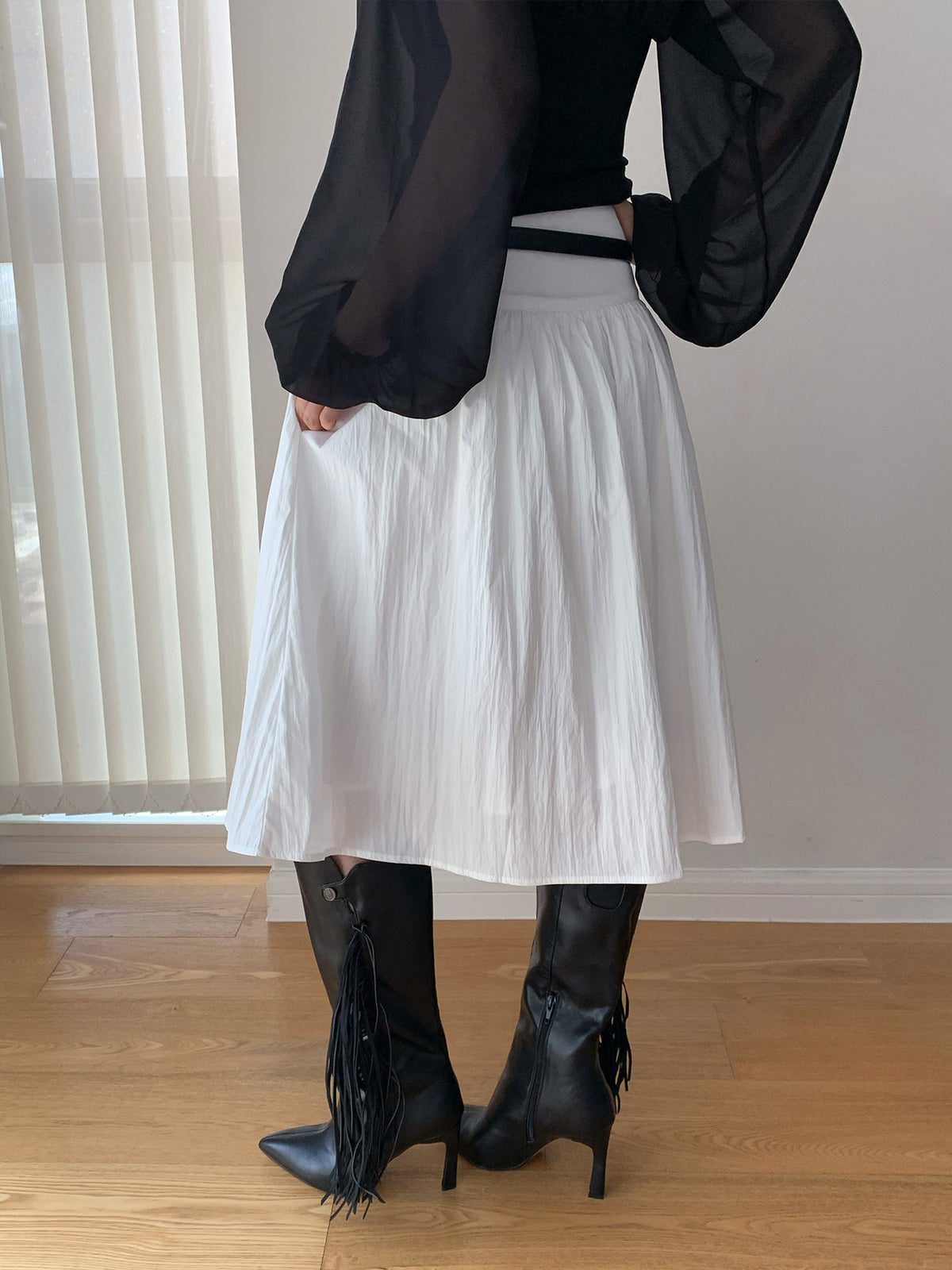Pleated Textured High-waisted A-line Midi Skirt