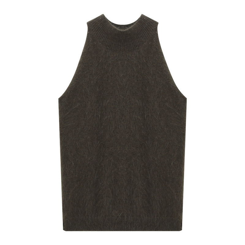 Fuzzy Knit High-Neck Sleeveless Sweater Top