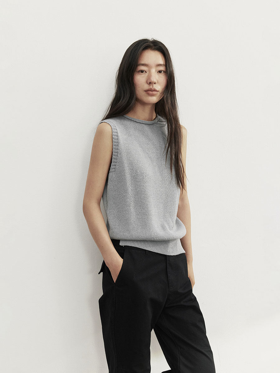 Love and Nancy Thirteen Lines Minimalist Korean Casual Style Sleeveless Crew Neck Loose Pullover Knitted Vest Women 02658