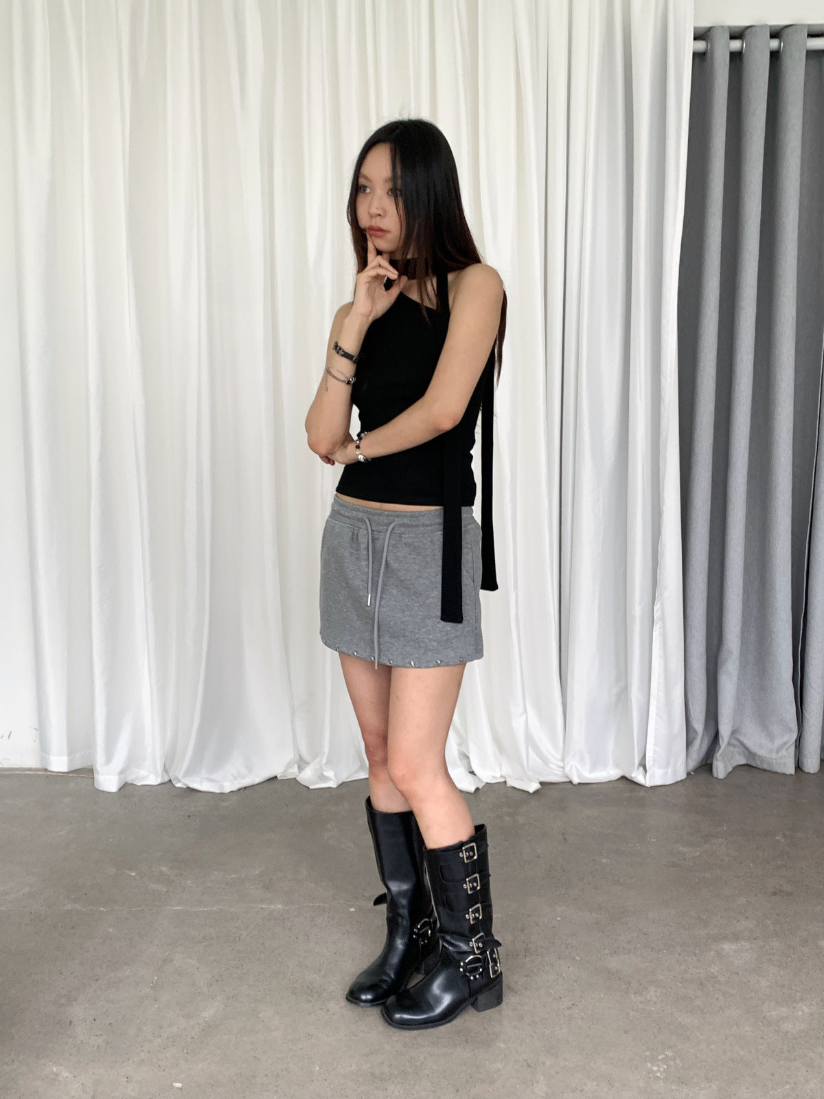 One Shoulder Mock Neck Scarf Tank Top
