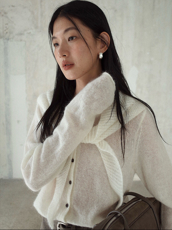 Woman wearing a white Long Sleeve Knitted Mohair Wool Cardigan Sweater with Scarf with a neutral background