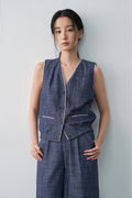 V-neck Single-Breasted Denim Vest Commuter Top