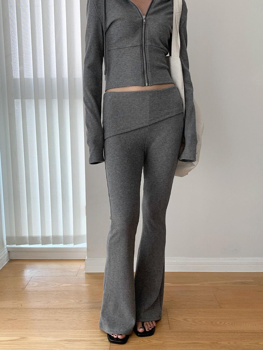 Ribbed Foldover Waist Flare Pants