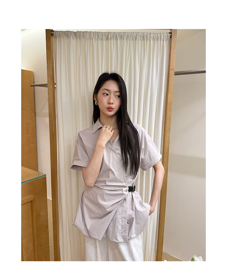 Belted Wrap Peplum Blouse Shirt Top
