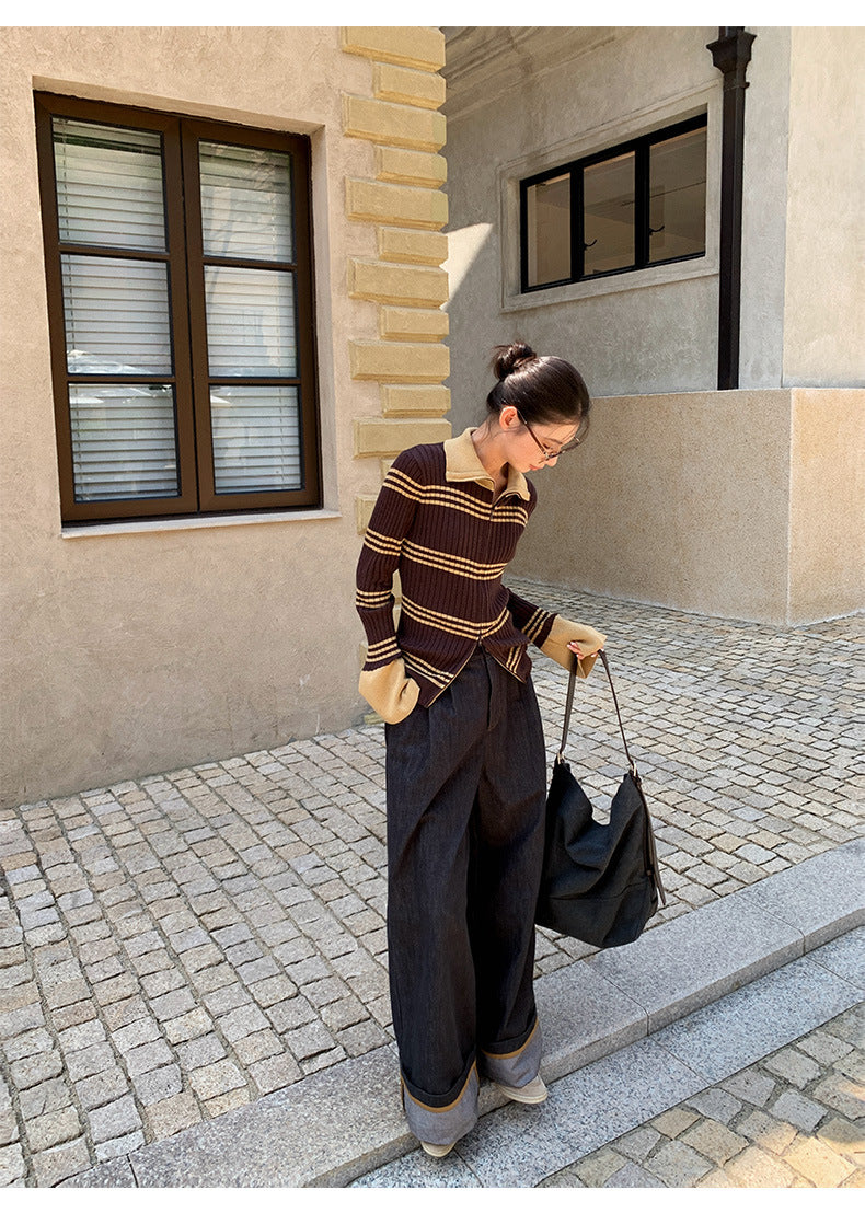Flared Sleeves Slim Striped Zip-Up Knitted Sweater Cardigan Top