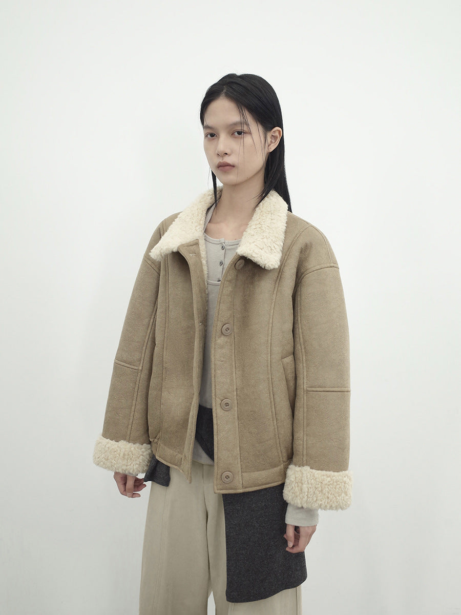 Love and Nancy Thirteen Lines Minimalist Winter Vintage Bane Style Wool Collar Patchwork Thickened Warm Fur Integrated 03511