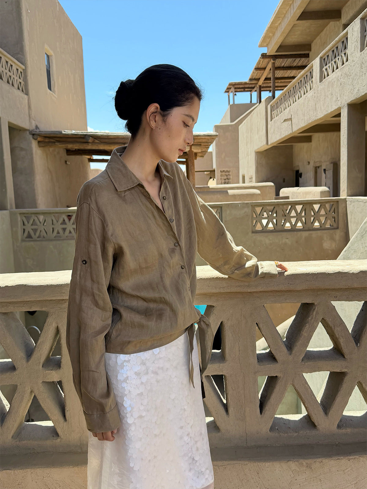 Linen Lapel Hem Waist-Cinching Two-Piece Long-Sleeve Shirt