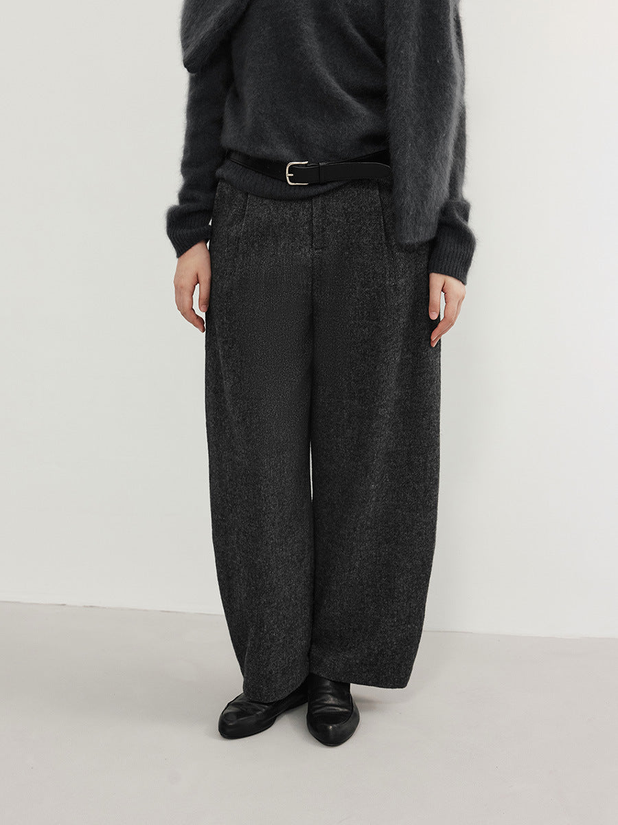 Smooth Minimalist Tweed Style Wool Pants with Belts