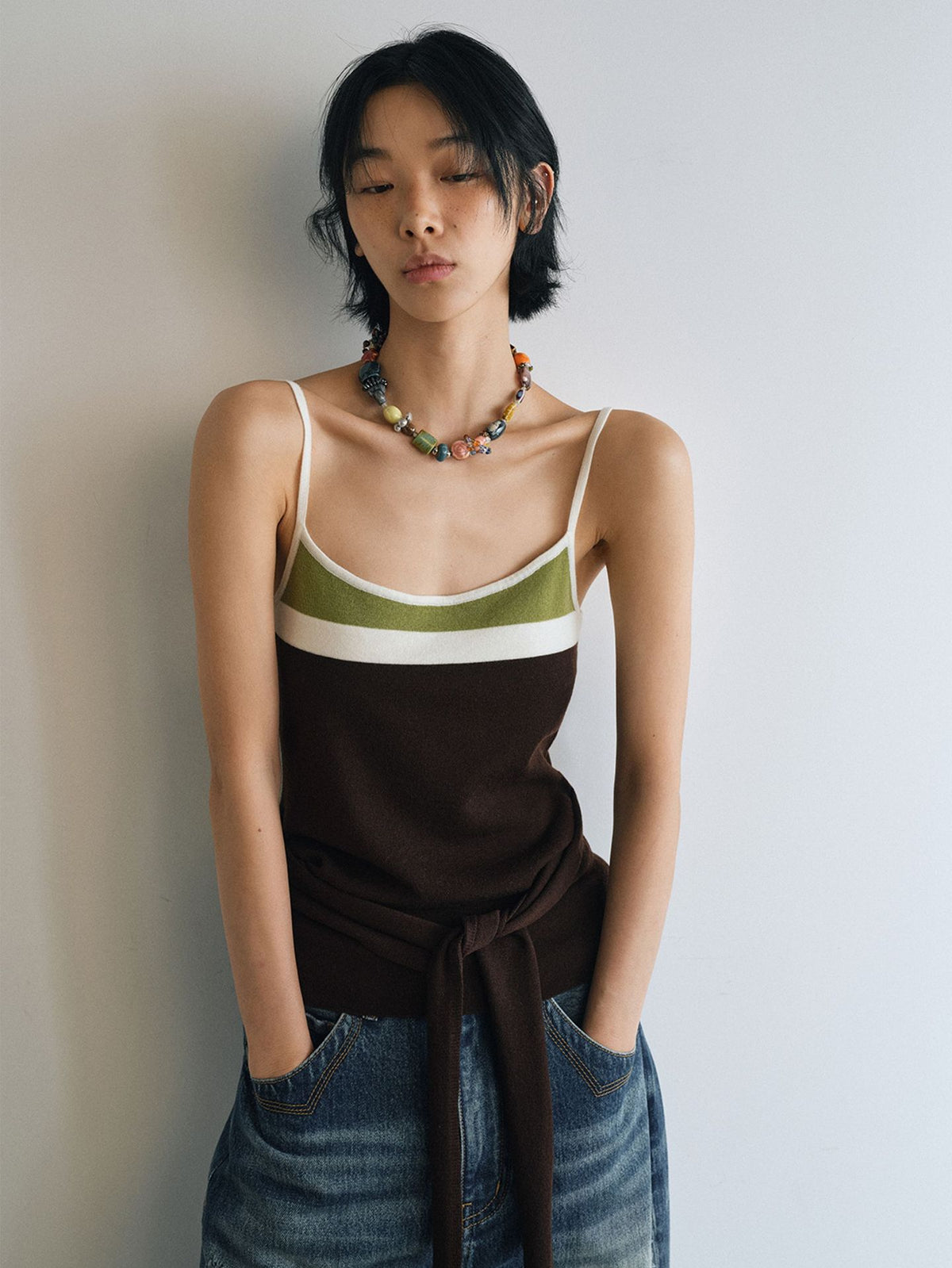 Comfortable Color-Block Slim Sleeveless Casual Wool Knit Camisole Top