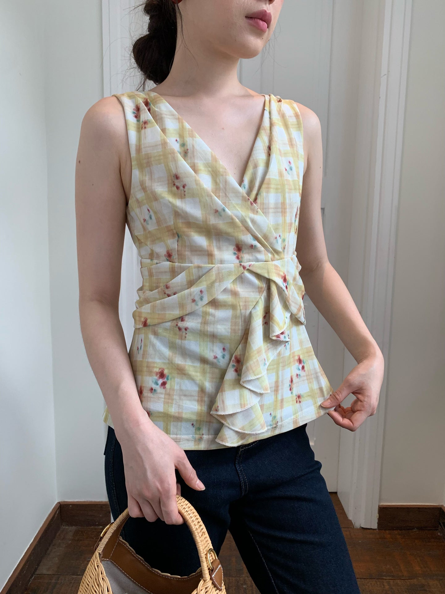Plaid Wrap Tie Sleeveless Blouse