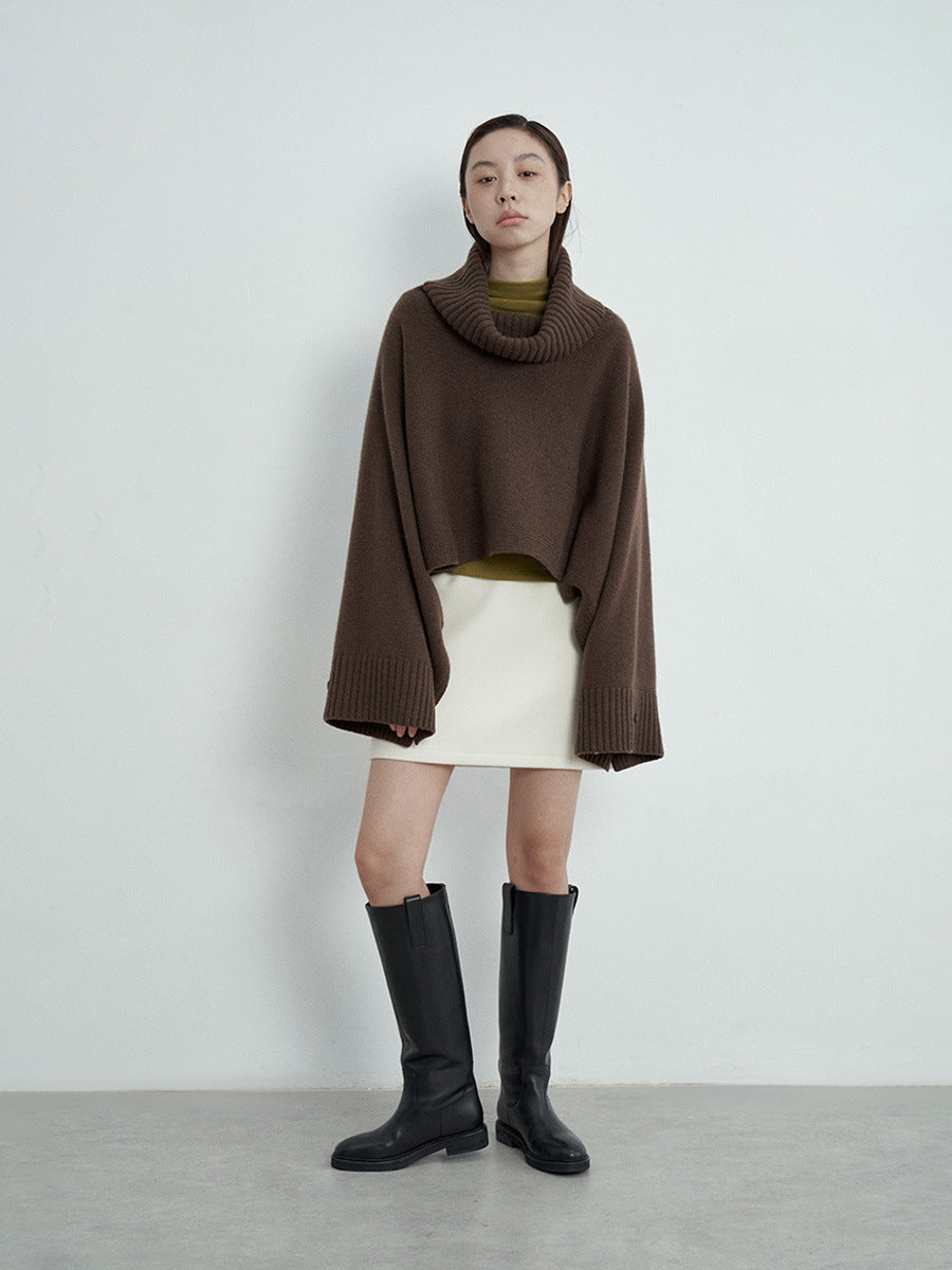Cropped Oversized Turtleneck Wool Knit Sweater
